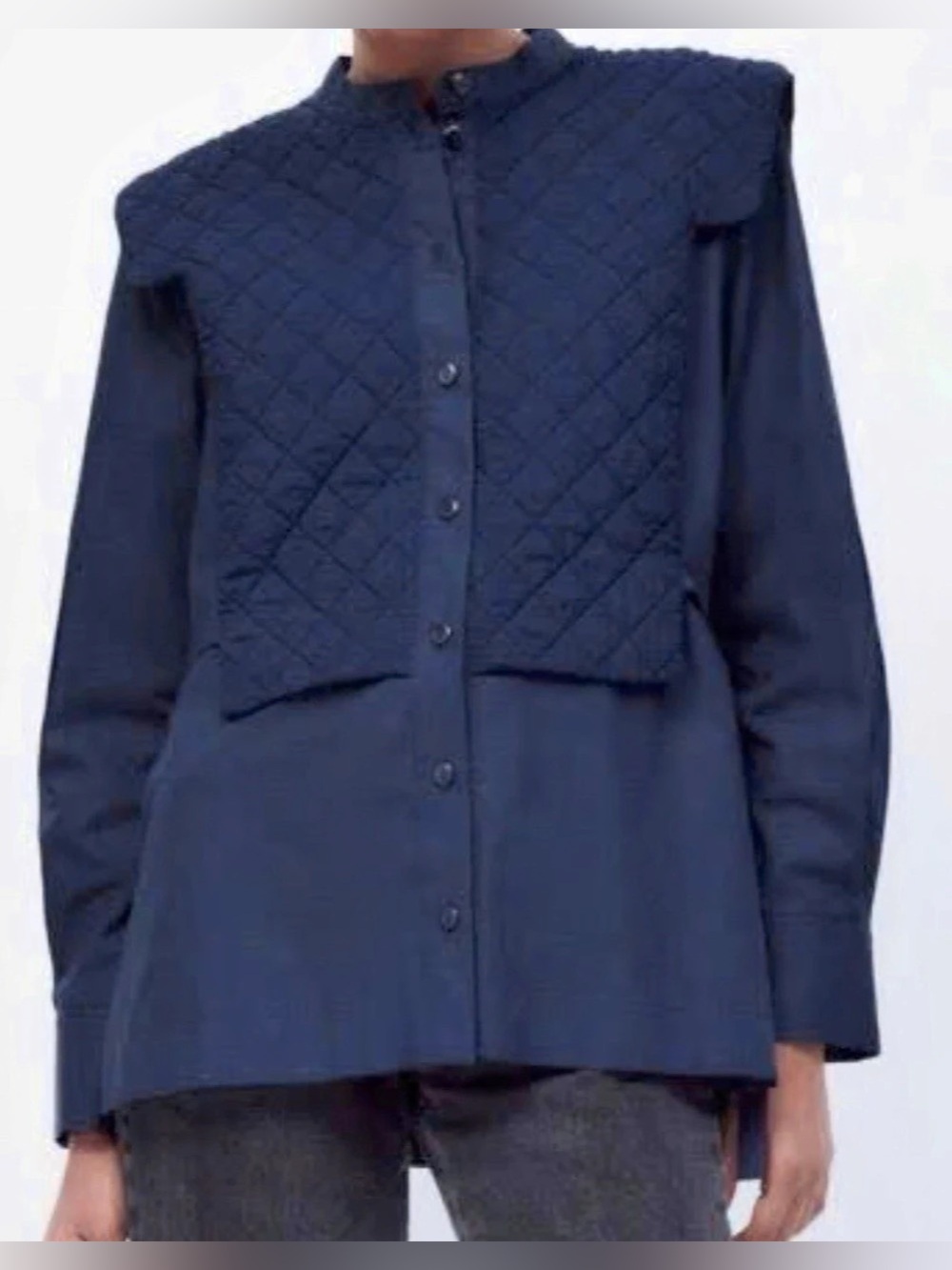 Zara Navy Blue Quilted Tie Side Button Down Blouse - Size XS